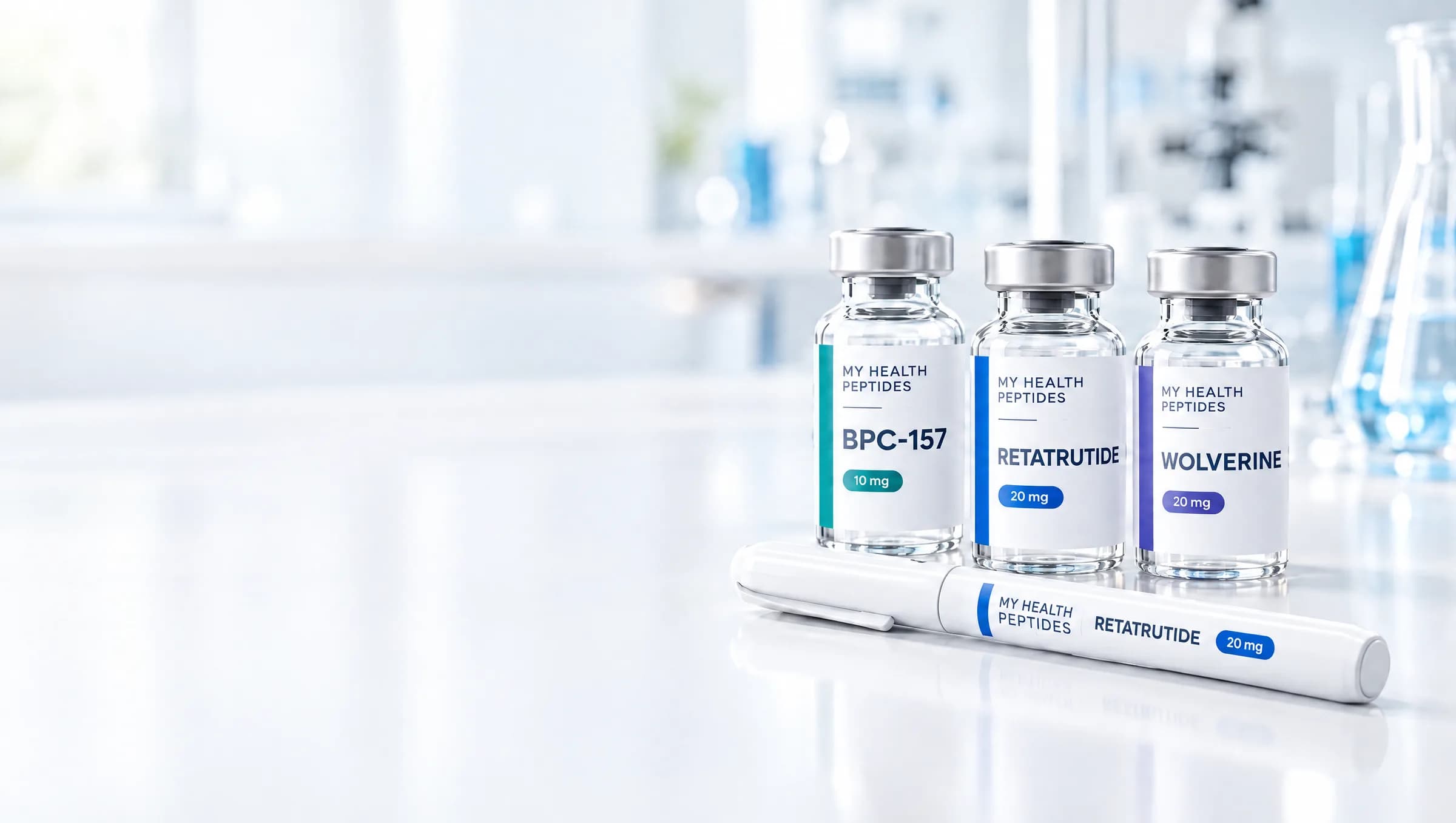 My Health Peptides research vials and a pre-filled research pen on a laboratory bench